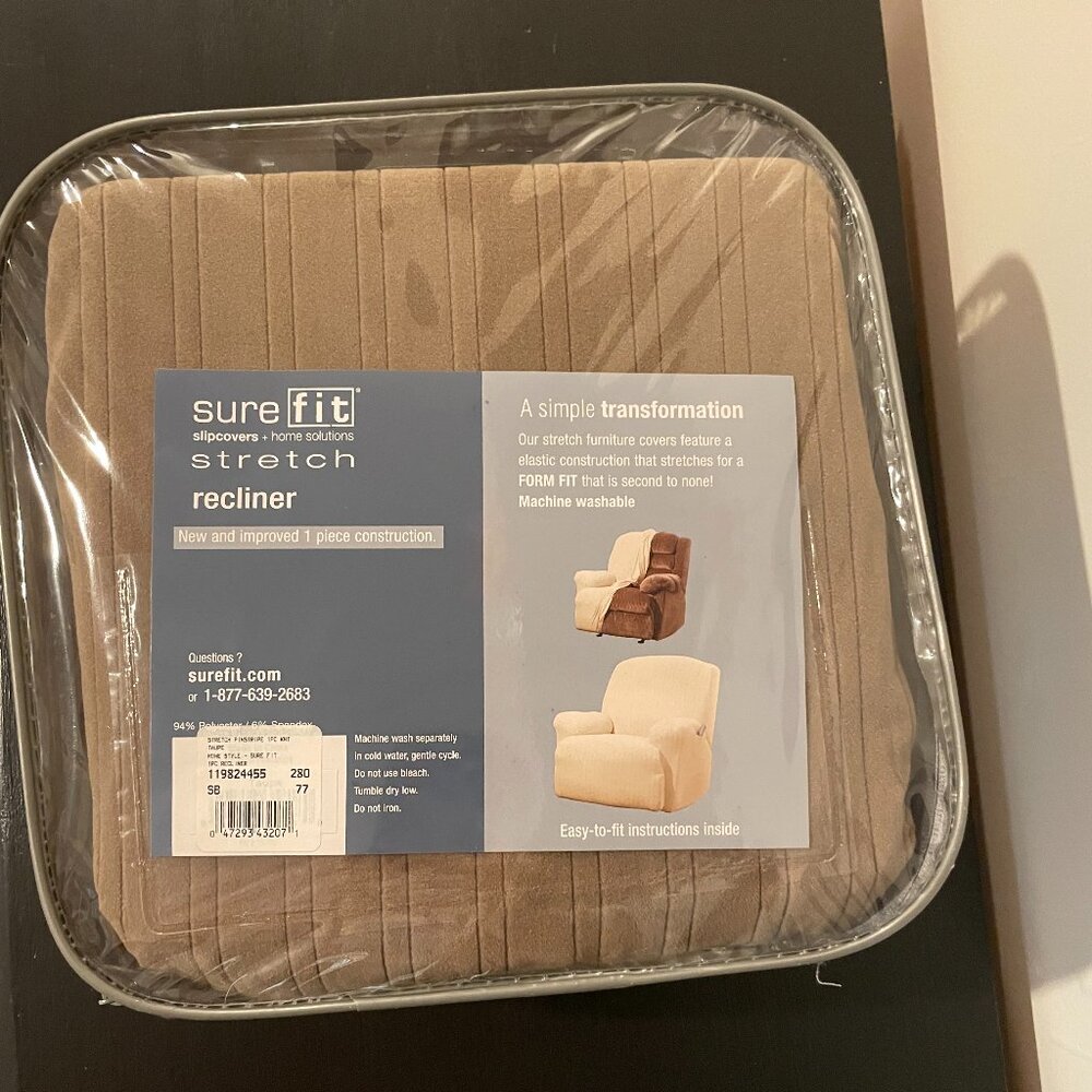 NWT SureFit Stretch Pinstripe 1-Piece - Recliner Slipcover - Taupe